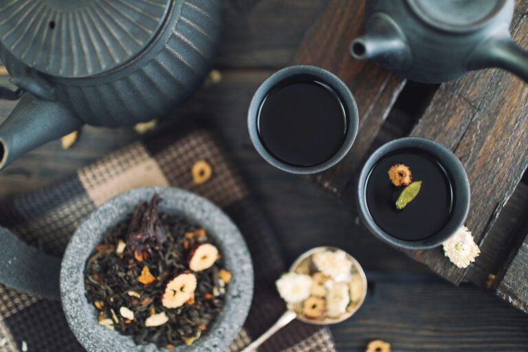 Tea with herbs on a table