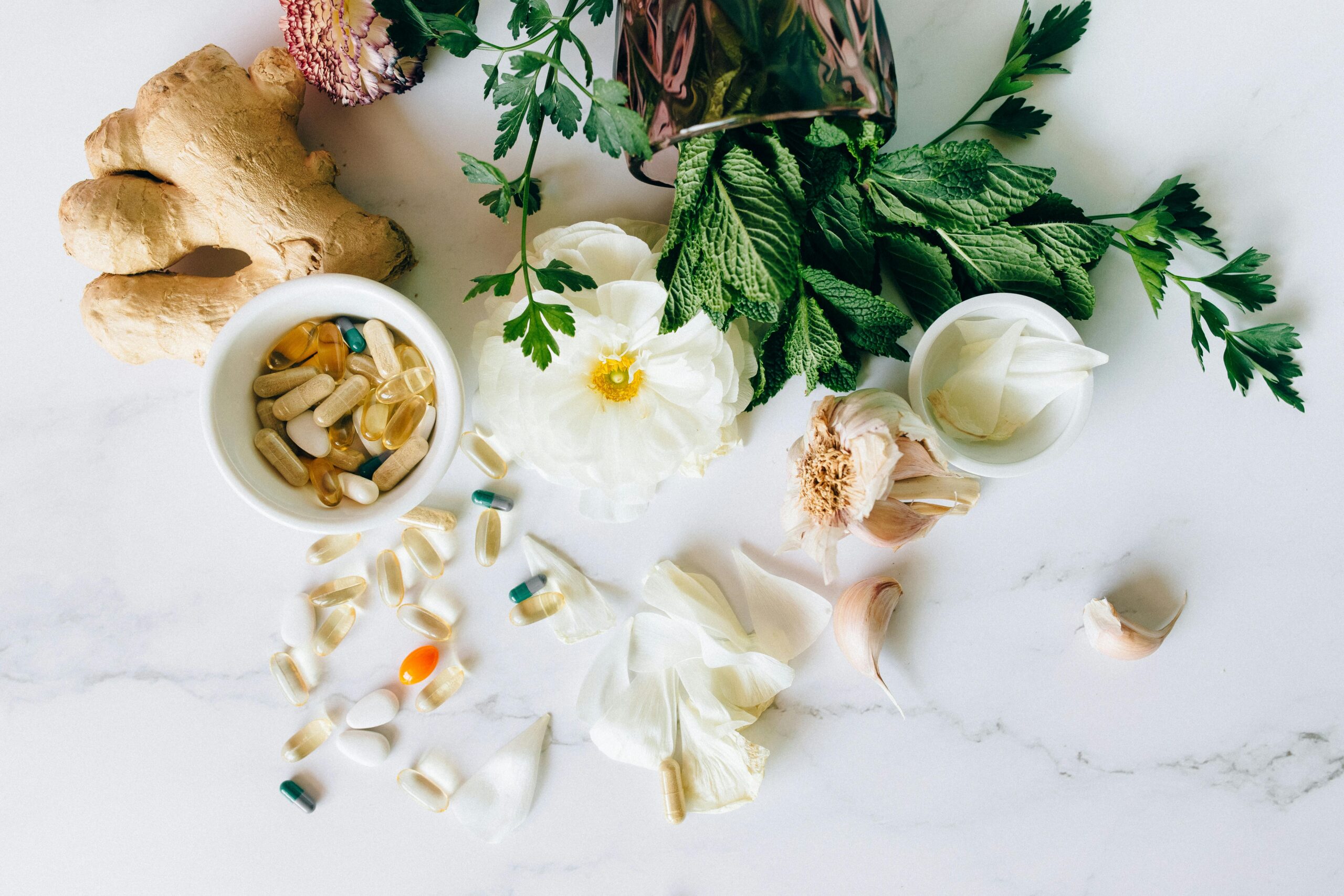 herbs and aromatics on a white background